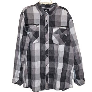 Rock Republic Plaid Long Sleeve Button Down Shirt Men's XXL Black White Gray